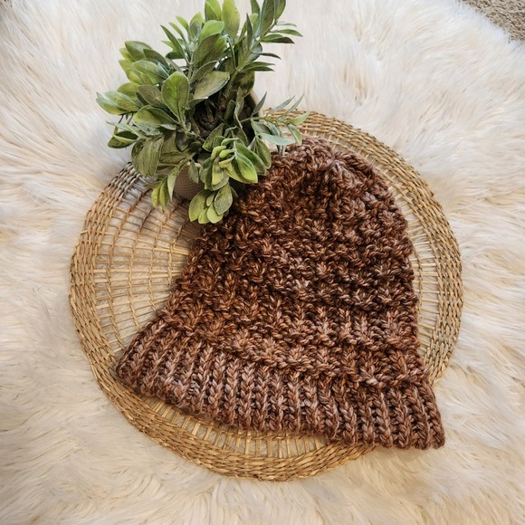 Handmade Knit Hat Brown Textured Winter Warm Soft Cozy - Picture 4 of 4
